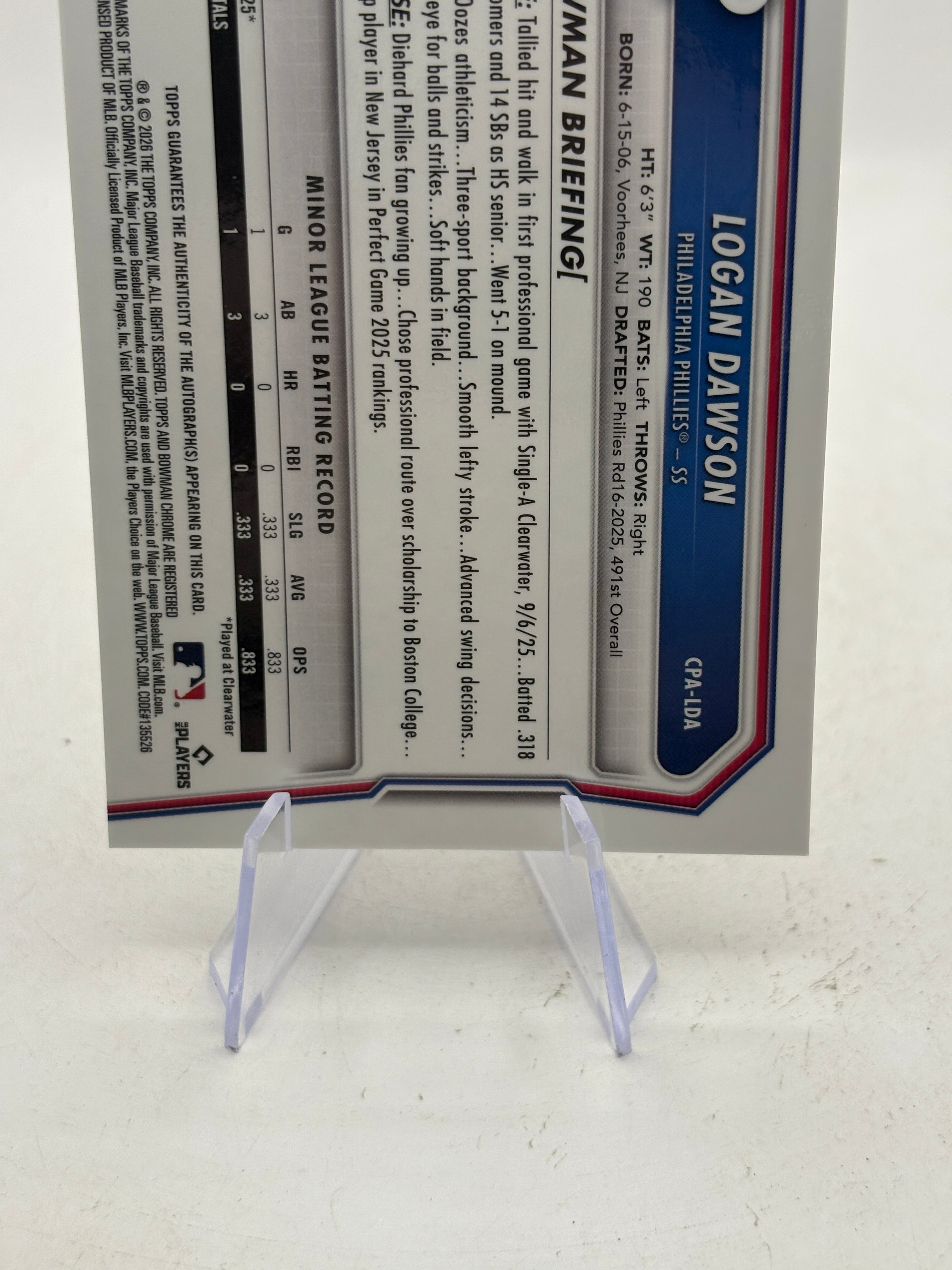 2026 Bowman Chrome 1st Logan Dawson Auto /299 Refractor Philadelphia Phillies